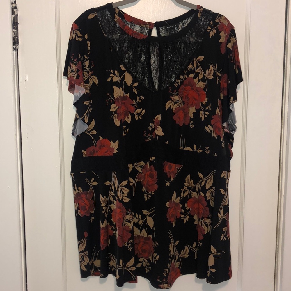 Torrid Black Rose Floral and Lace Blouse